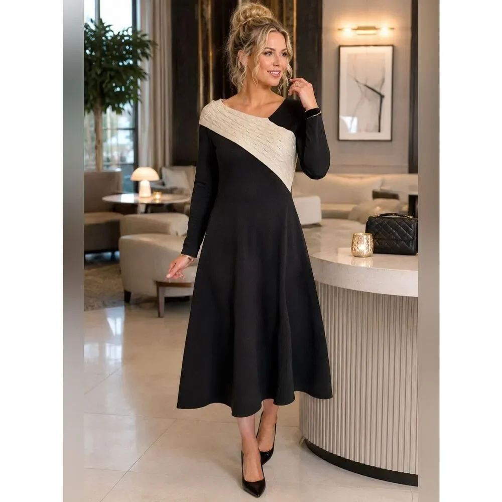 Dalia MacPhee Cream Asymmetrical Cable Knit Neck Black Midi Sweater Dress M NWT